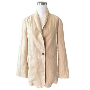 DOWNEAST Tan Linen Blazer Women's Size M Padded Shoulder Button Lined Sleeve